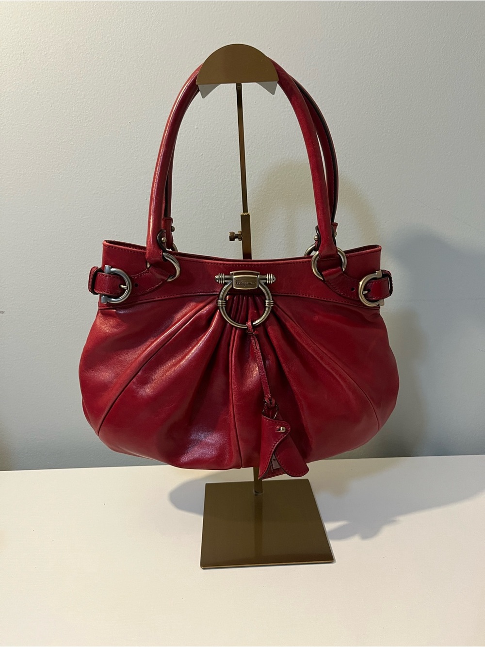 Salvatore Ferragamo Red Leather Shoulder Bag with Ring Hardware
